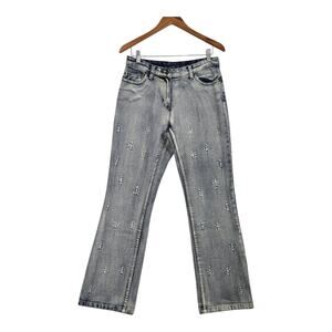VTG Jeanology Jeans Sz 10 Distressed Flare Leg Rhinestones Stone Wash McBling